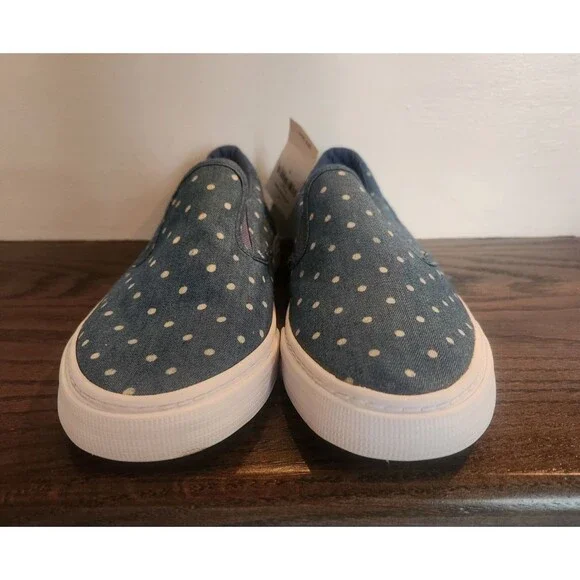 NEW- 2 Pair Lot-GAP Kids Girls Slip-on Sneakers Blue Denim Polka Dot Print-5 & 3 - Picture 2 of 16